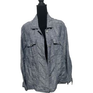 Jones New York Plus Size 1X Blue Linen Jacket Long Sleeve Button-Down Womens